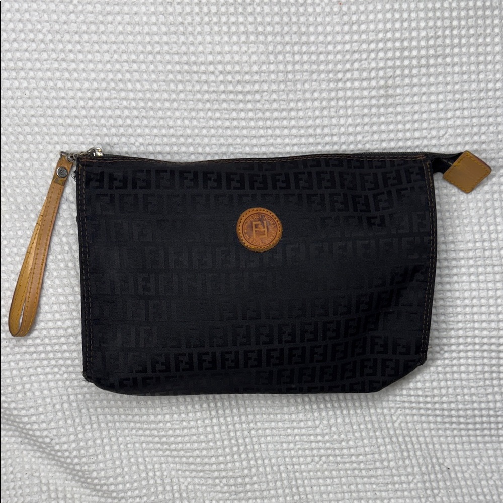 Vintage Fendi Black & Tan Monogram Pouch - 3x8x11